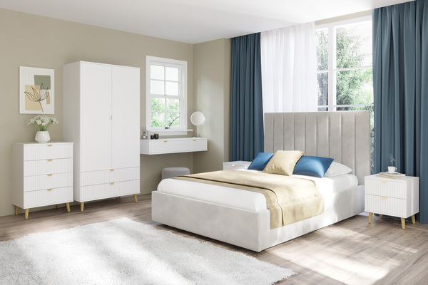 Спальня Дакота композиция 1 меренга, белый, с кроватью Ингрид/Ingrid 1600 велюр ультра смог/ultra smoke, пуф Альба 450 велюр ультра смог/ultra smoke