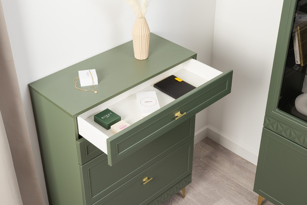 Гостиная Марион композиция 1 дымчатый зеленый K521, олива шагрень AG 1050 ПВХ, белый PE шагрень (собирается на любую сторону)