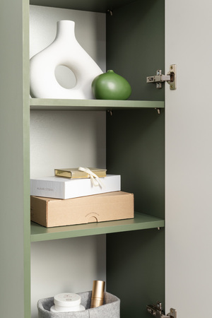 Гостиная Марион композиция 1 дымчатый зеленый K521, олива шагрень AG 1050 ПВХ, белый PE шагрень (собирается на любую сторону)