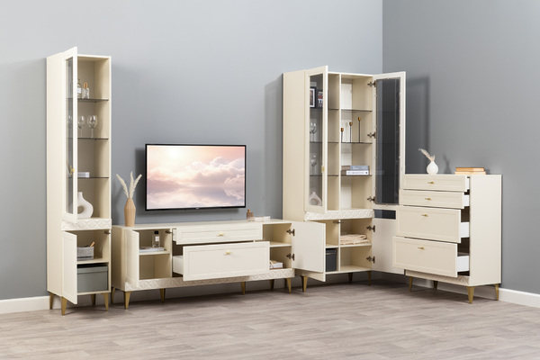 Шкаф-витрина Марион 16.397.01 слоновая кость С341 PE, слоновая кость 6898 ПВХ (собирается на любую сторону)