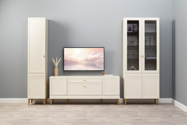 Гостиная Марион композиция 2 слоновая кость С341 PE, слоновая кость 6898 ПВХ, белый PE шагрень (собирается на любую сторону)