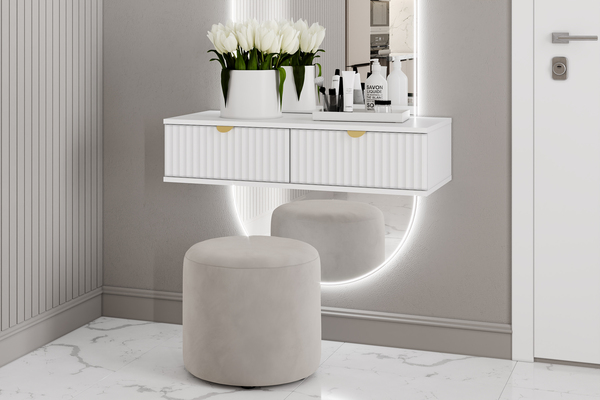 Спальня Дакота композиция 1 меренга, белый, с кроватью Ингрид/Ingrid 1600 велюр ультра смог/ultra smoke, пуф Альба 450 велюр ультра смог/ultra smoke