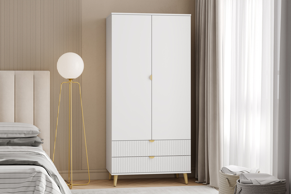 Спальня Дакота композиция 1 меренга, белый, с кроватью Ингрид/Ingrid 1600 велюр ультра смог/ultra smoke, пуф Альба 450 велюр ультра смог/ultra smoke