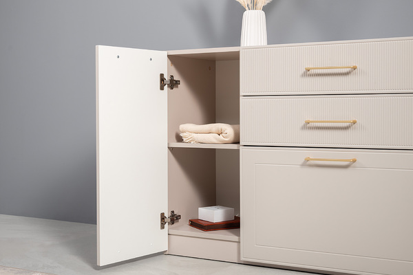 Гостиная Ричфорд композиция 2 с карнизами, кашемир 5981 BS, моно керамика D166-2 ПВХ, белый PE шагрень (собирается на любую сторону)