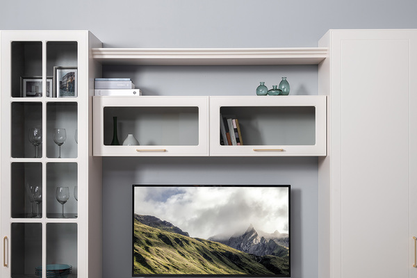 Гостиная Ричфорд композиция 1 с карнизами, кашемир 5981 BS, моно керамика D166-2 ПВХ, белый PE шагрень (собирается на любую сторону)