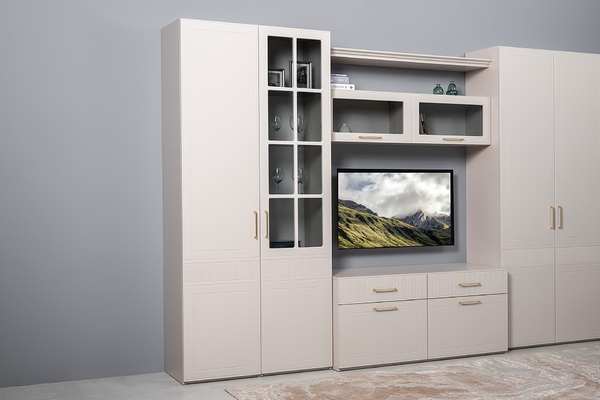 Гостиная Ричфорд композиция 1 с карнизами, кашемир 5981 BS, моно керамика D166-2 ПВХ, белый PE шагрень (собирается на любую сторону)